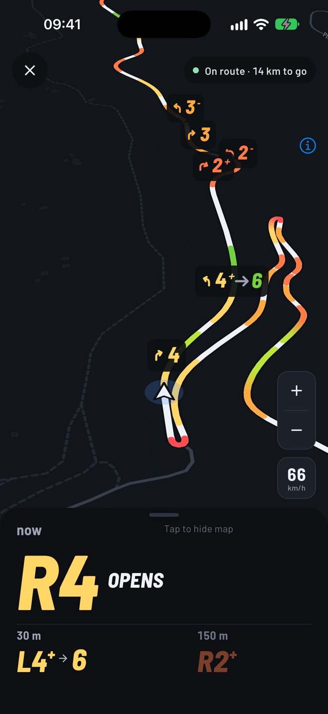 CoDriver calling “R4 opens” with the next corners on the map