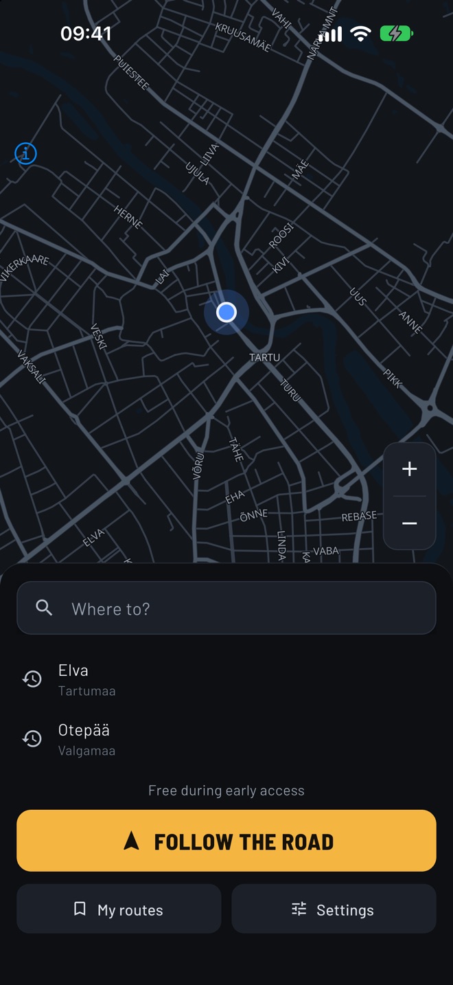 Home screen with Where to? search and Follow the road