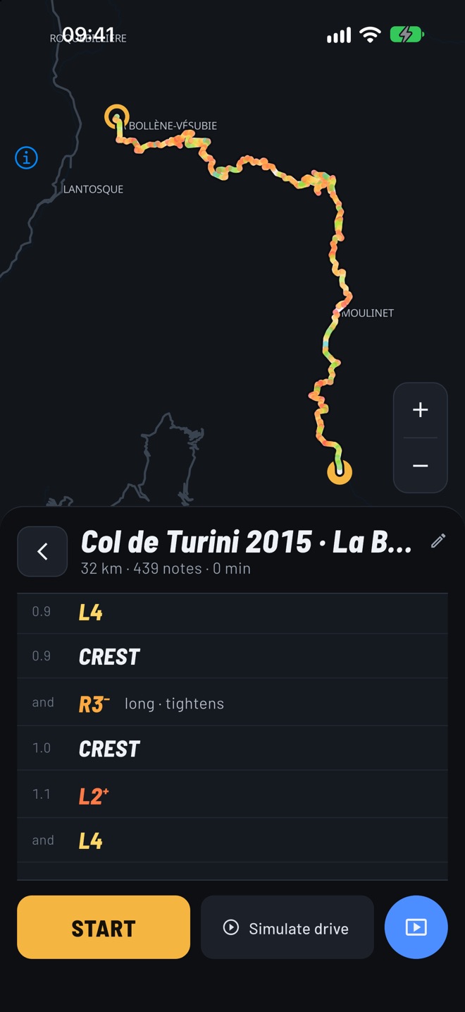 Col de Turini stage with its list of notes, ready to start or simulate