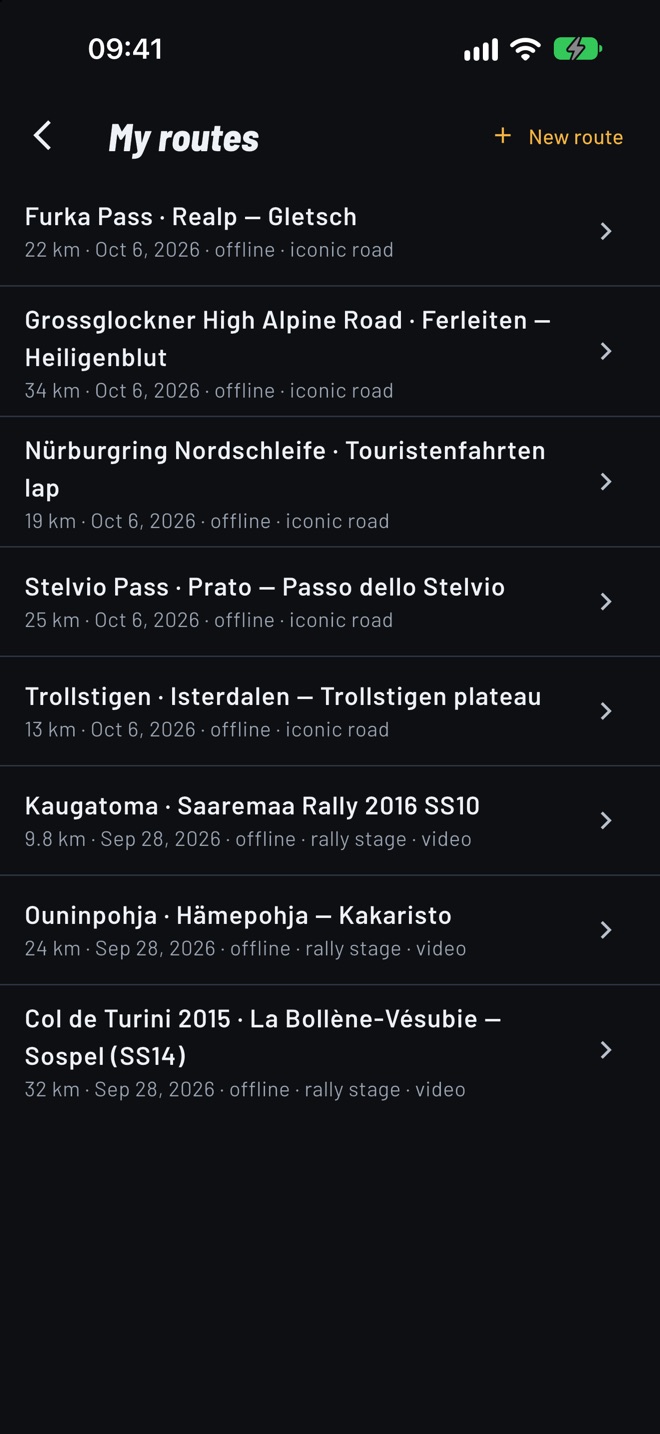 My routes with iconic roads and rally stages