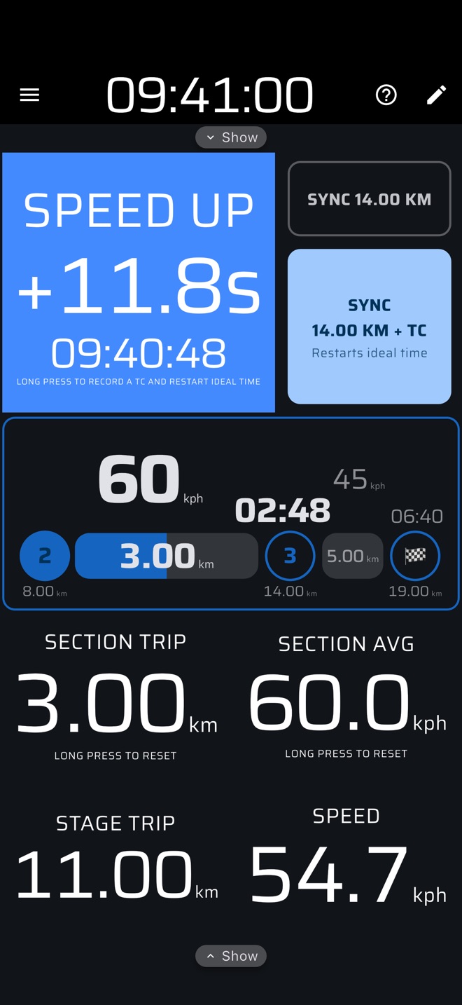 Rally Tripmeter regularity mode showing time ahead of ideal